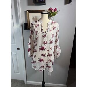rue21 Women XL Cottagecore Floral Lace Up Tunic Top White Pink Rose Long Sleeve